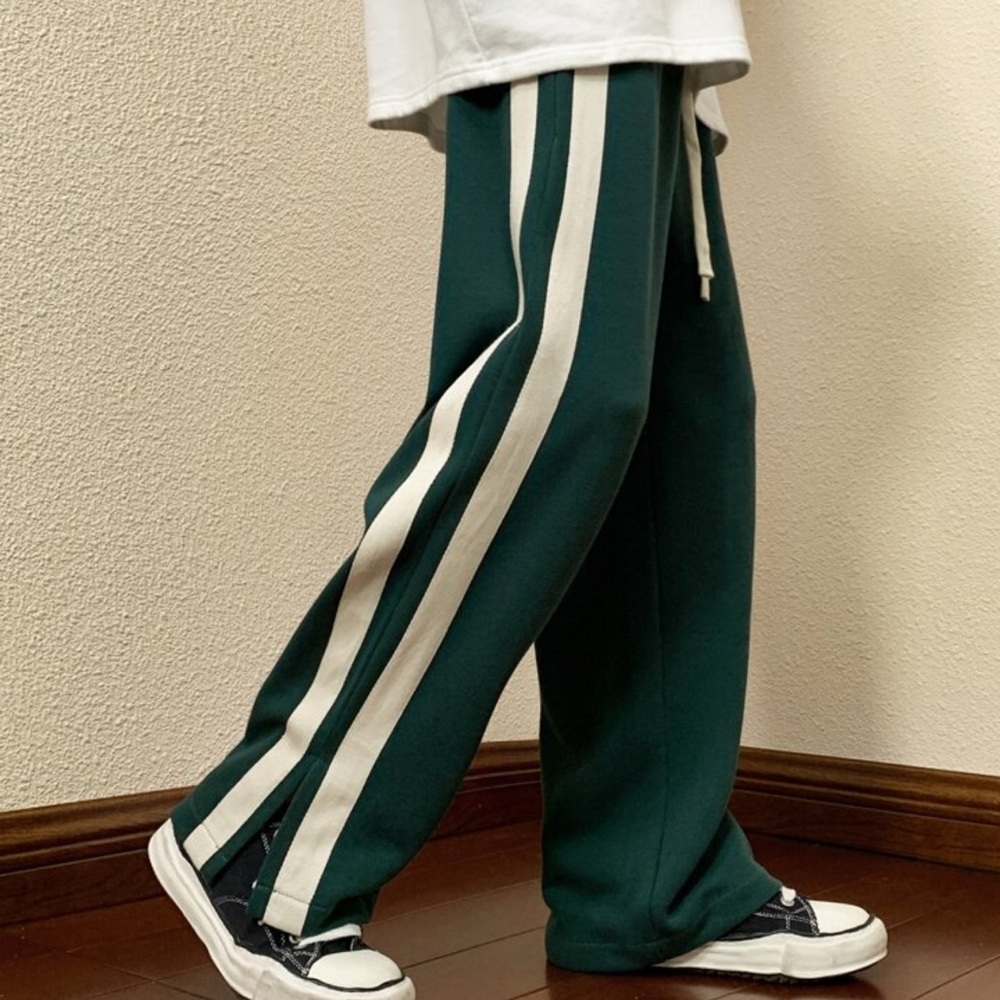 Green and White Track Pants with Side Stripes
